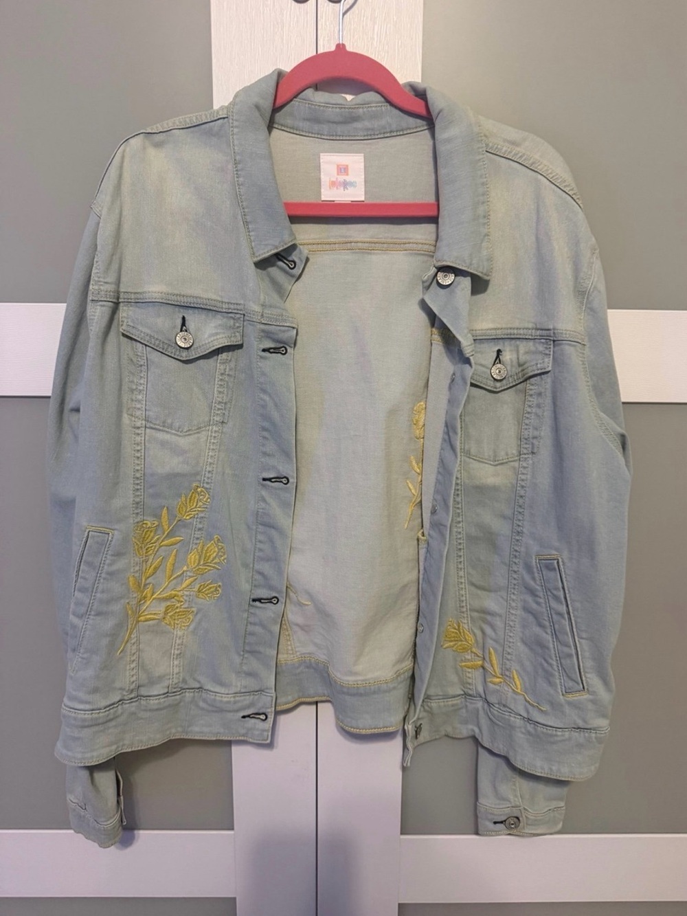 LuLaRoe Light Denim Jacket with Yellow Floral Embroidery